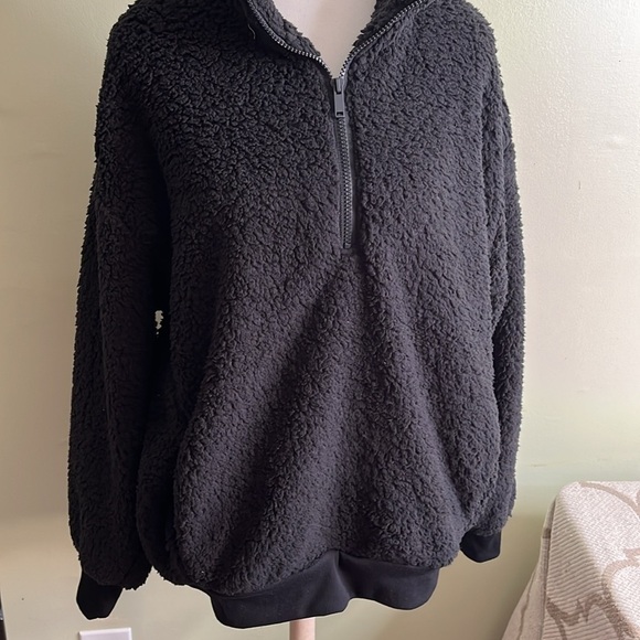 Express faux fur sherpa black popover 1/4 zip cozy oversized sweatshirt jacket - Picture 12 of 13